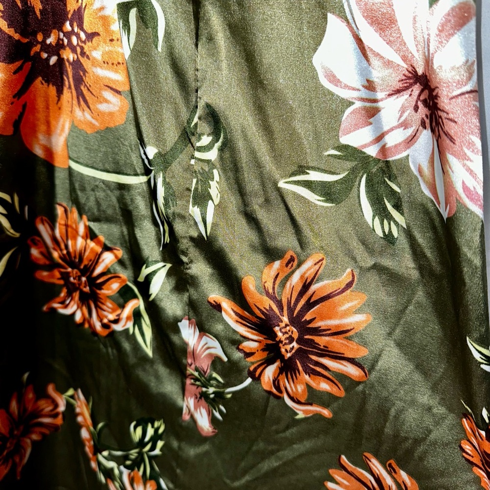 Olive Green Floral Midi Dress with Slit - Picture 6 of 7